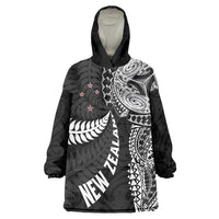 Aotearoa Volleyball Custom Wearable Blanket Hoodie Silver Ferns and Maori Tribal Black