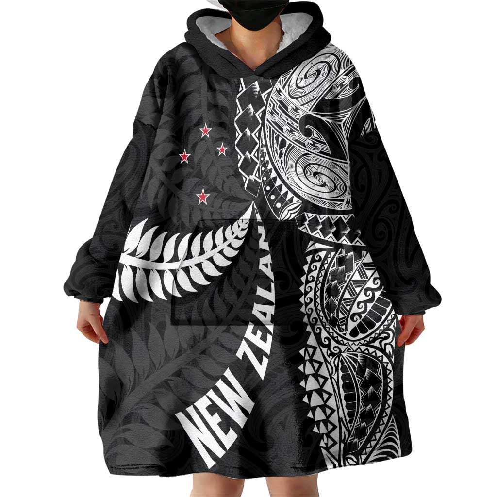 Aotearoa Volleyball Custom Wearable Blanket Hoodie Silver Ferns and Maori Tribal Black