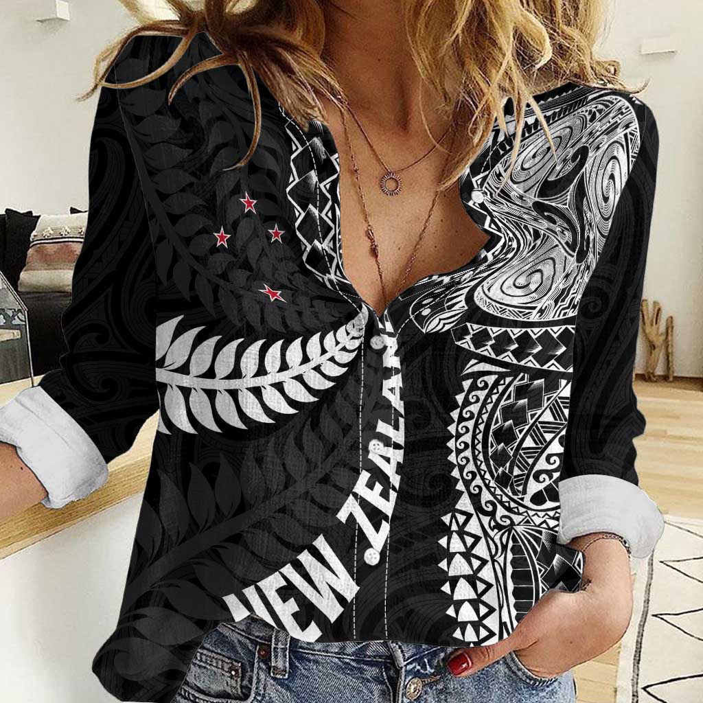Aotearoa Volleyball Custom Women Casual Shirt Silver Ferns and Maori Tribal Black