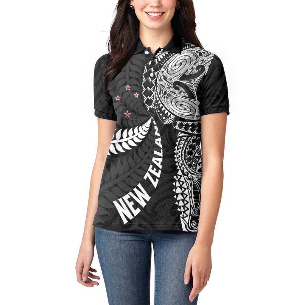 Aotearoa Volleyball Custom Women Polo Shirt Silver Ferns and Maori Tribal Black