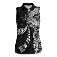 Aotearoa Volleyball Custom Women Sleeveless Polo Shirt Silver Ferns and Maori Tribal Black LT03 Female Black - Polynesian Pride
