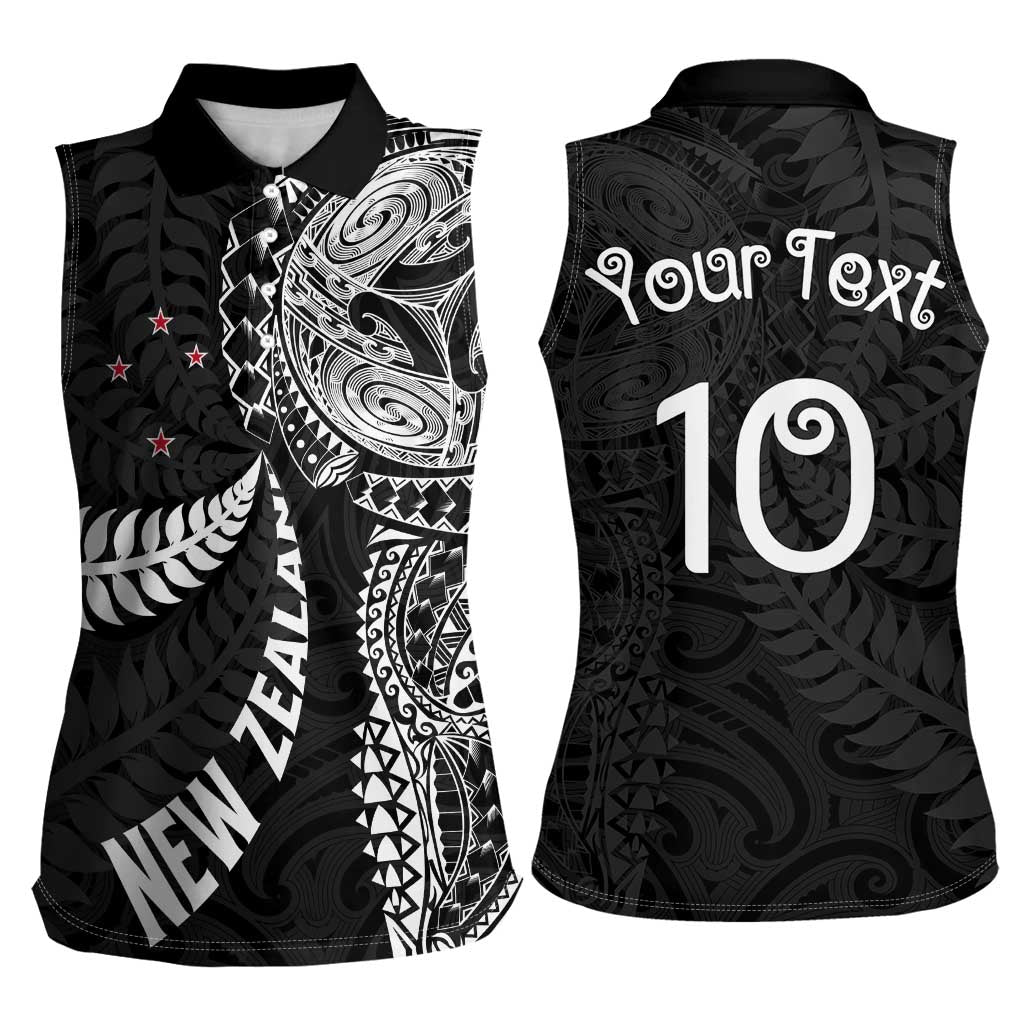 Aotearoa Volleyball Custom Women Sleeveless Polo Shirt Silver Ferns and Maori Tribal Black LT03 - Polynesian Pride