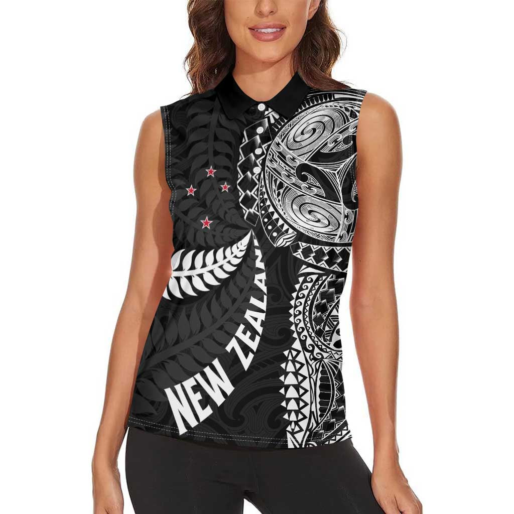 Aotearoa Volleyball Custom Women Sleeveless Polo Shirt Silver Ferns and Maori Tribal Black LT03 - Polynesian Pride