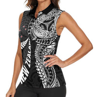 Aotearoa Volleyball Custom Women Sleeveless Polo Shirt Silver Ferns and Maori Tribal Black LT03 - Polynesian Pride
