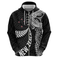 Aotearoa Volleyball Custom Zip Hoodie Silver Ferns and Maori Tribal Black