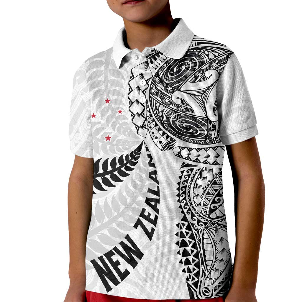 Aotearoa Volleyball Custom Kid Polo Shirt Silver Ferns and Maori Tribal White
