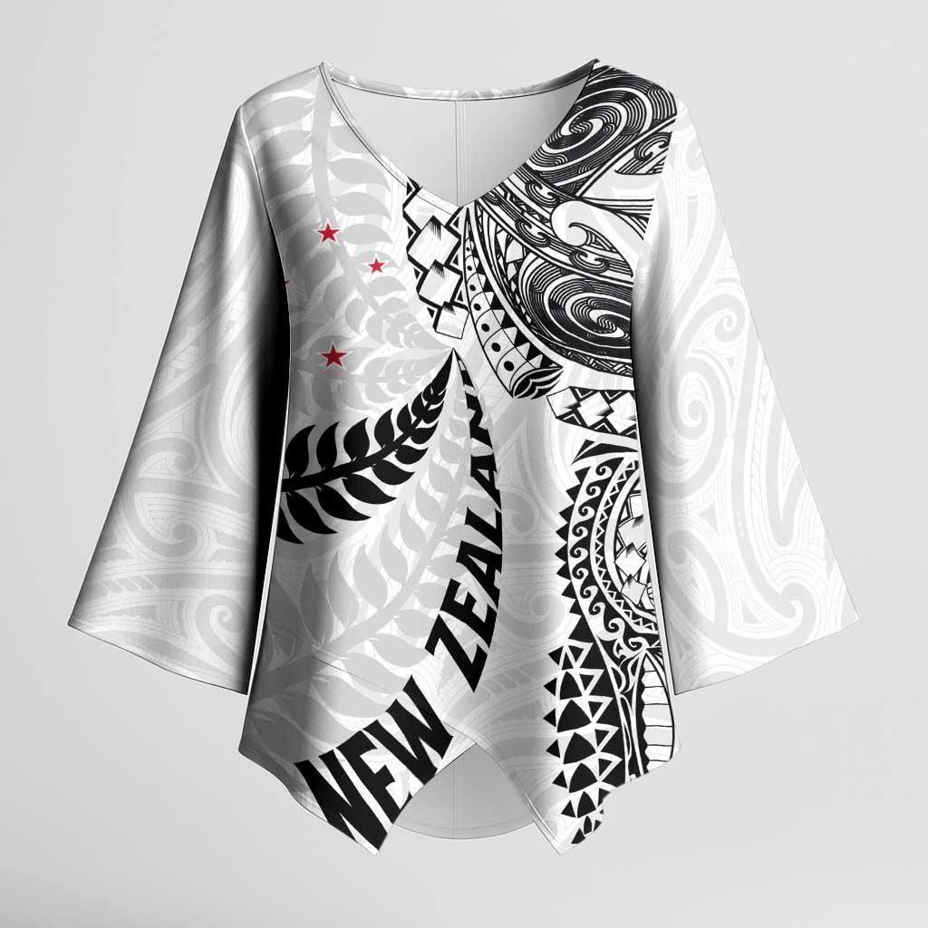 Aotearoa Volleyball Custom Kimono Sleeve Blouse Silver Ferns and Maori Tribal White LT03 Female White - Polynesian Pride