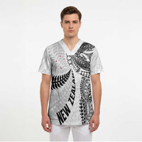 Aotearoa Volleyball Custom Scrub Top Silver Ferns and Maori Tribal White