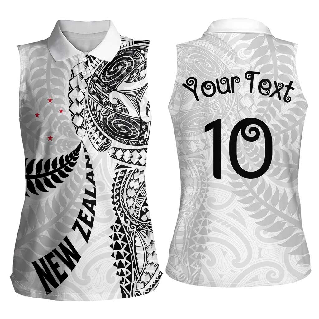 Aotearoa Volleyball Custom Women Sleeveless Polo Shirt Silver Ferns and Maori Tribal White