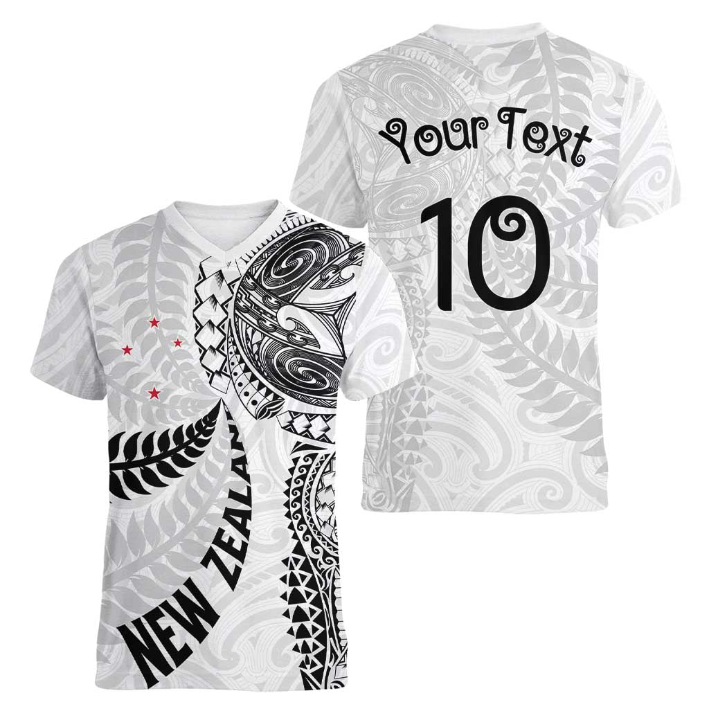 Aotearoa Volleyball Custom Women V-Neck T-Shirt Silver Ferns and Maori Tribal White