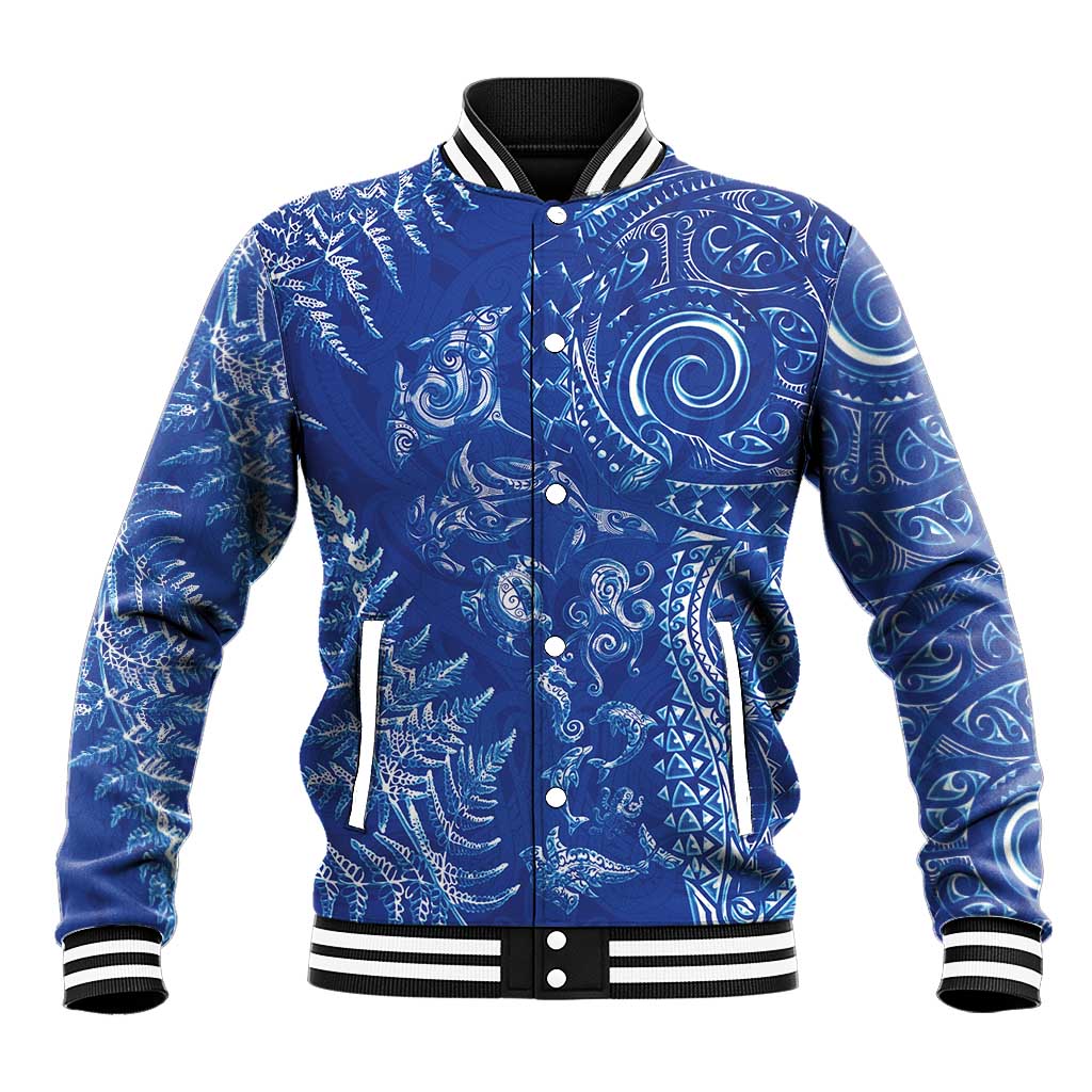 New Zealand Sea Animals Baseball Jacket with Maori Koru Tribal Tattoo and Silver Ferns Aquatic Style LT03 Unisex Navy - Polynesian Pride