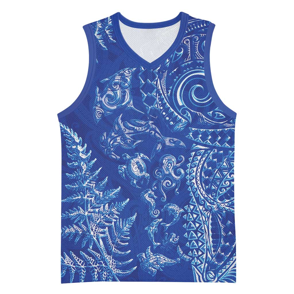 New Zealand Sea Animals Basketball Jersey with Maori Koru Tribal Tattoo and Silver Ferns Aquatic Style LT03 Unisex Navy - Polynesian Pride