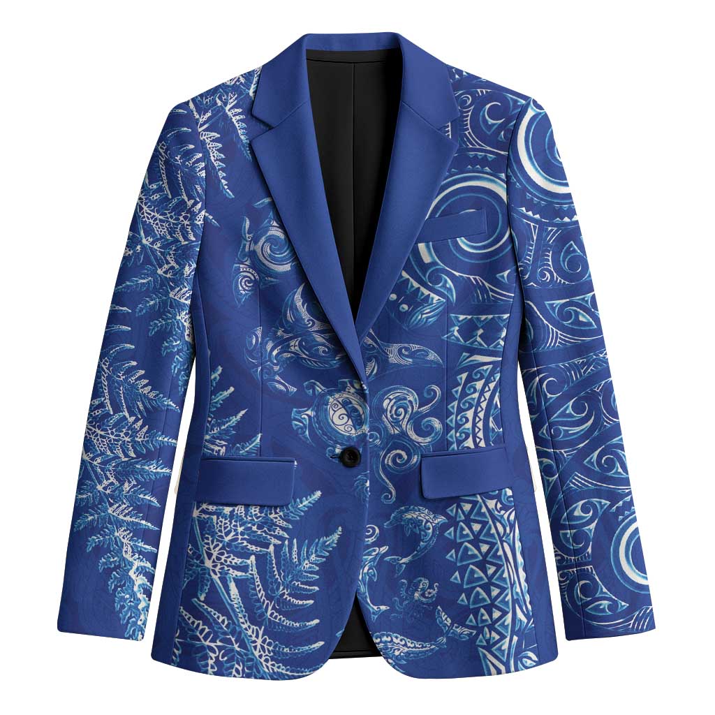 New Zealand Sea Animals Blazer with Maori Koru Tribal Tattoo and Silver Ferns Aquatic Style