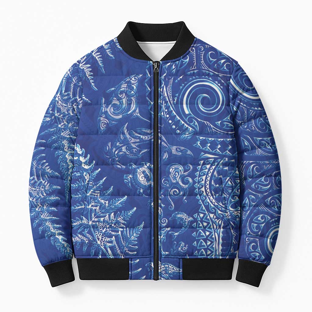 New Zealand Sea Animals Bomber Puffer Jacket with Maori Koru Tribal Tattoo and Silver Ferns Aquatic Style