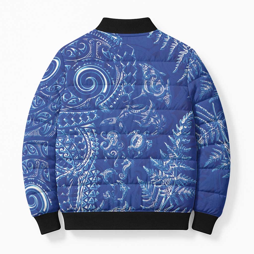 New Zealand Sea Animals Bomber Puffer Jacket with Maori Koru Tribal Tattoo and Silver Ferns Aquatic Style LT03 - Polynesian Pride