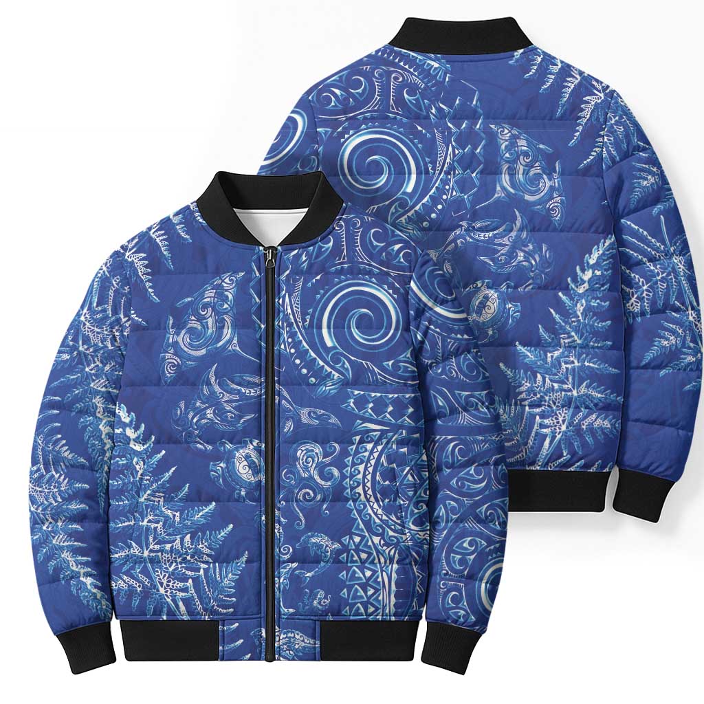 New Zealand Sea Animals Bomber Puffer Jacket with Maori Koru Tribal Tattoo and Silver Ferns Aquatic Style LT03 - Polynesian Pride
