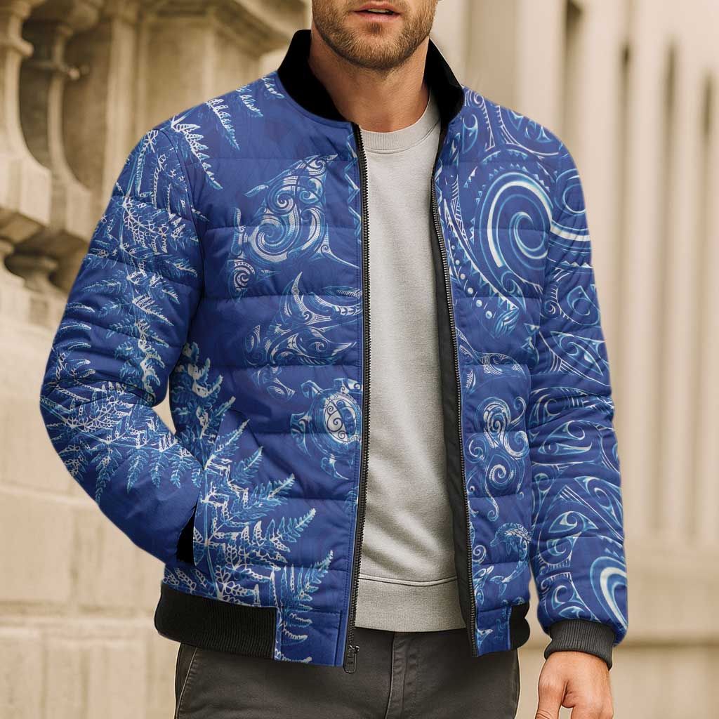 New Zealand Sea Animals Bomber Puffer Jacket with Maori Koru Tribal Tattoo and Silver Ferns Aquatic Style LT03 - Polynesian Pride