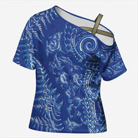 New Zealand Sea Animals Cross Shoulder Shirt with Maori Koru Tribal Tattoo and Silver Ferns Aquatic Style LT03 Female Navy - Polynesian Pride