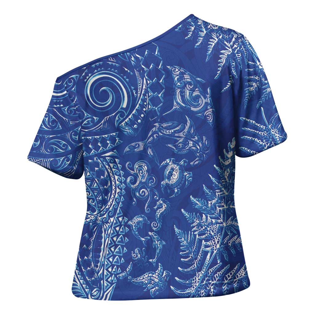New Zealand Sea Animals Cross Shoulder Shirt with Maori Koru Tribal Tattoo and Silver Ferns Aquatic Style LT03 - Polynesian Pride