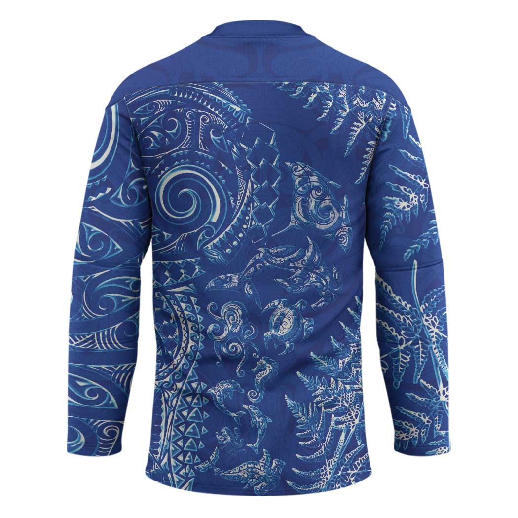 New Zealand Sea Animals Hockey Jersey with Maori Koru Tribal Tattoo and Silver Ferns Aquatic Style LT03 - Polynesian Pride