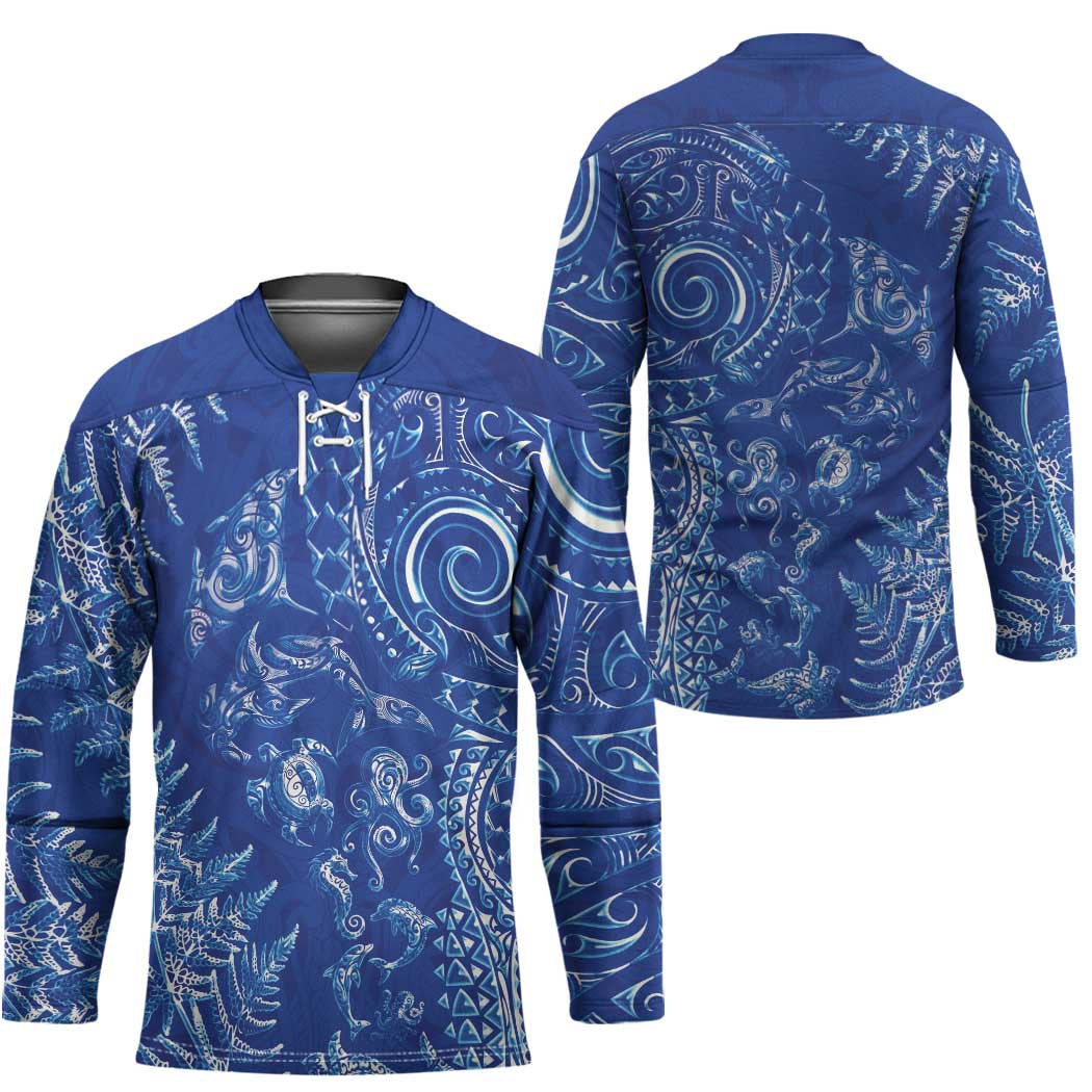 New Zealand Sea Animals Hockey Jersey with Maori Koru Tribal Tattoo and Silver Ferns Aquatic Style LT03 - Polynesian Pride