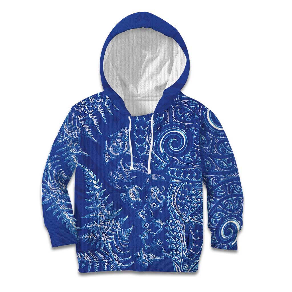 New Zealand Sea Animals Kid Hoodie with Maori Koru Tribal Tattoo and Silver Ferns Aquatic Style