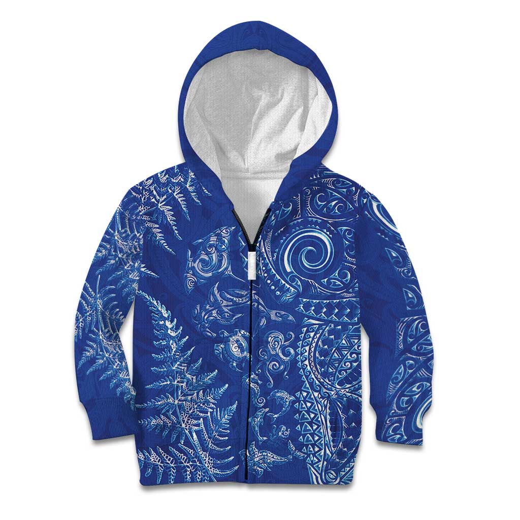 New Zealand Sea Animals Kid Hoodie with Maori Koru Tribal Tattoo and Silver Ferns Aquatic Style LT03 Zip Hoodie Navy - Polynesian Pride