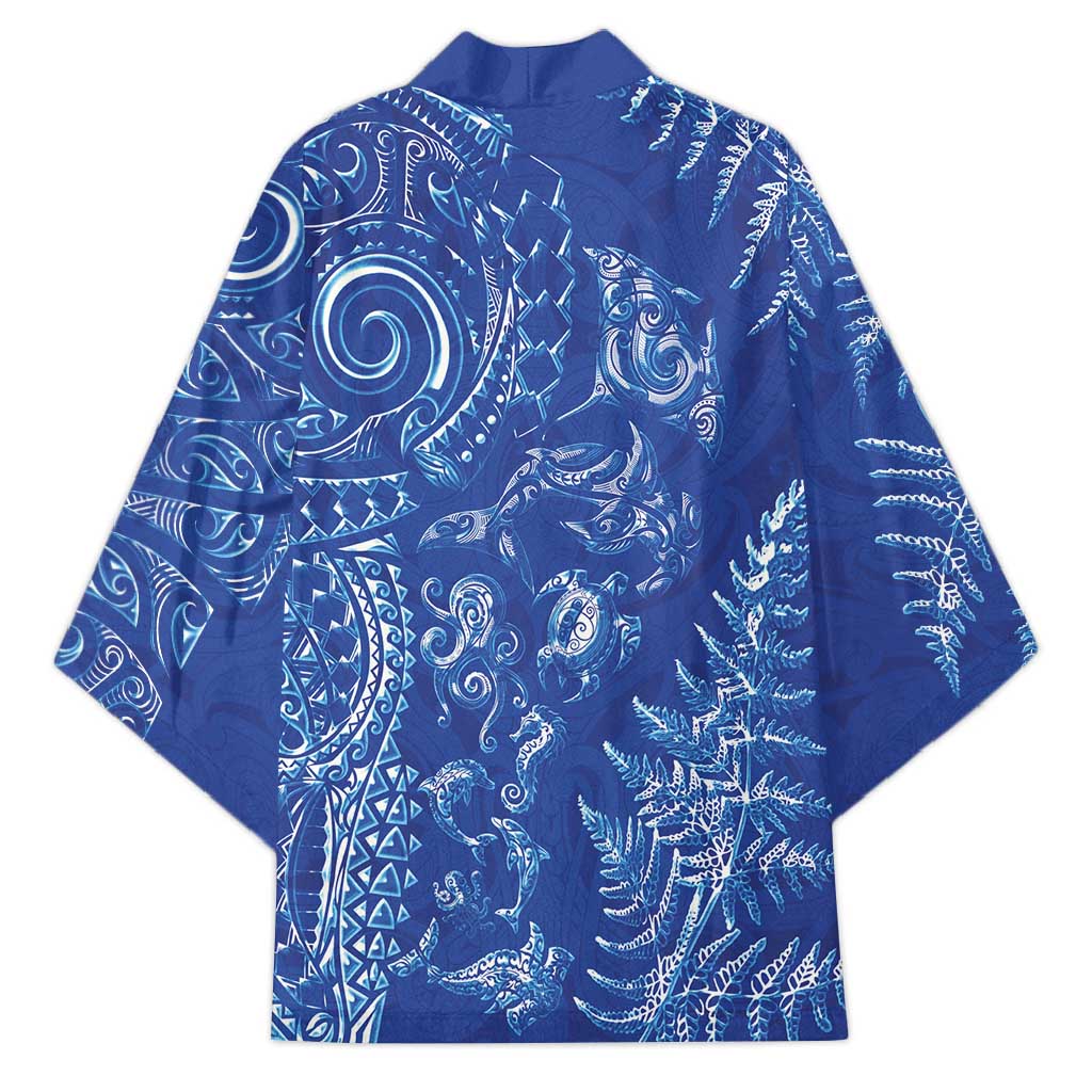 New Zealand Sea Animals Kimono with Maori Koru Tribal Tattoo and Silver Ferns Aquatic Style LT03 - Polynesian Pride