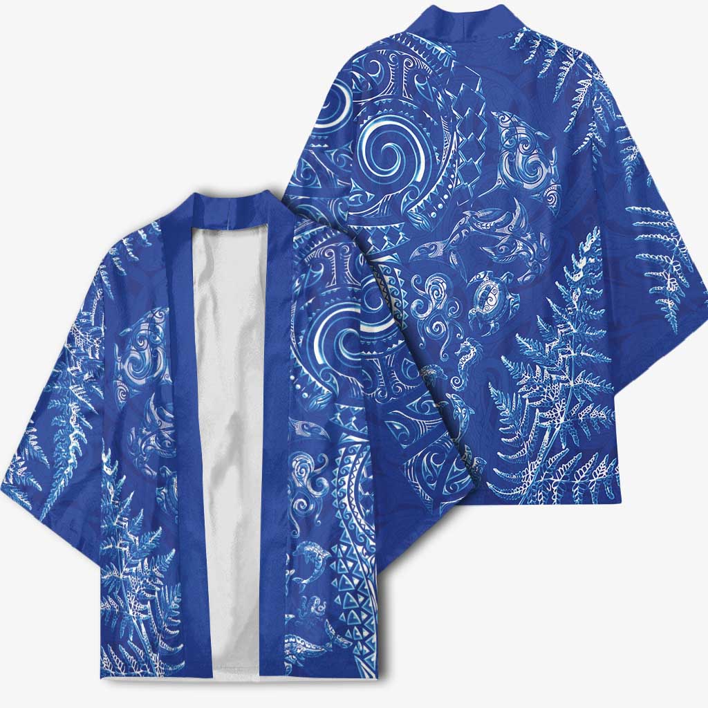 New Zealand Sea Animals Kimono with Maori Koru Tribal Tattoo and Silver Ferns Aquatic Style LT03 - Polynesian Pride