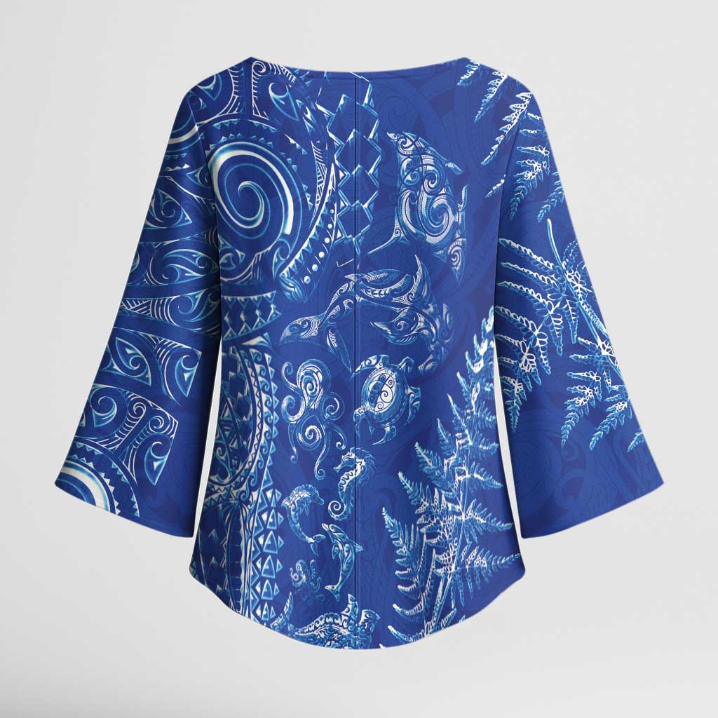New Zealand Sea Animals Kimono Sleeve Blouse with Maori Koru Tribal Tattoo and Silver Ferns Aquatic Style LT03 - Polynesian Pride