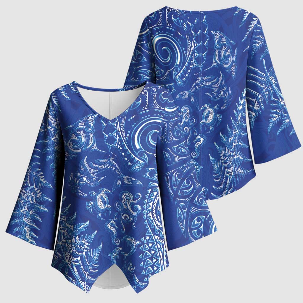 New Zealand Sea Animals Kimono Sleeve Blouse with Maori Koru Tribal Tattoo and Silver Ferns Aquatic Style LT03 - Polynesian Pride