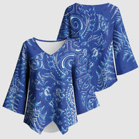 New Zealand Sea Animals Kimono Sleeve Blouse with Maori Koru Tribal Tattoo and Silver Ferns Aquatic Style LT03 - Polynesian Pride