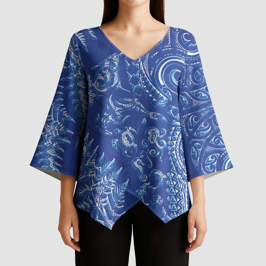 New Zealand Sea Animals Kimono Sleeve Blouse with Maori Koru Tribal Tattoo and Silver Ferns Aquatic Style LT03 - Polynesian Pride