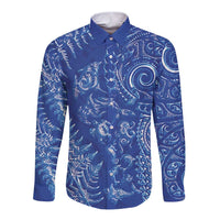New Zealand Sea Animals Long Sleeve Button Shirt with Maori Koru Tribal Tattoo and Silver Ferns Aquatic Style LT03 Unisex Navy - Polynesian Pride