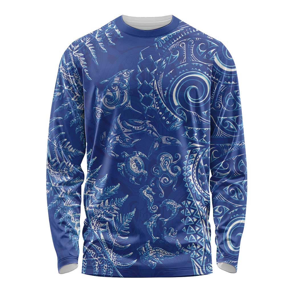 New Zealand Sea Animals Long Sleeve Shirt with Maori Koru Tribal Tattoo and Silver Ferns Aquatic Style LT03 Unisex Navy - Polynesian Pride
