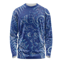 New Zealand Sea Animals Long Sleeve Shirt with Maori Koru Tribal Tattoo and Silver Ferns Aquatic Style LT03 Unisex Navy - Polynesian Pride