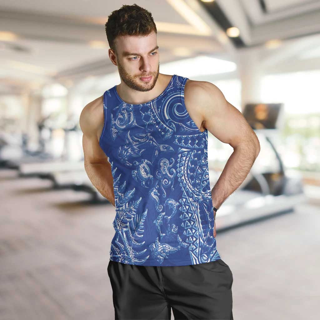 New Zealand Sea Animals Men Tank Top with Maori Koru Tribal Tattoo and Silver Ferns Aquatic Style LT03 Navy - Polynesian Pride