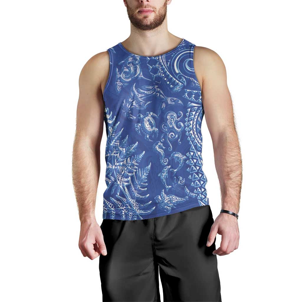 New Zealand Sea Animals Men Tank Top with Maori Koru Tribal Tattoo and Silver Ferns Aquatic Style LT03 - Polynesian Pride