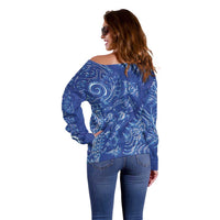 New Zealand Sea Animals Off Shoulder Sweater with Maori Koru Tribal Tattoo and Silver Ferns Aquatic Style LT03 - Polynesian Pride