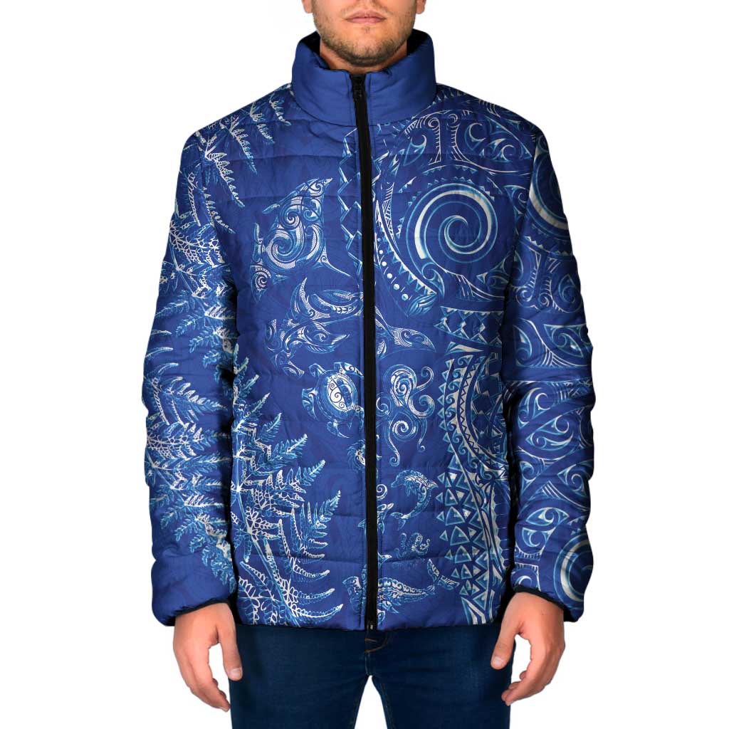 New Zealand Sea Animals Padded Jacket with Maori Koru Tribal Tattoo and Silver Ferns Aquatic Style LT03 Men Navy - Polynesian Pride