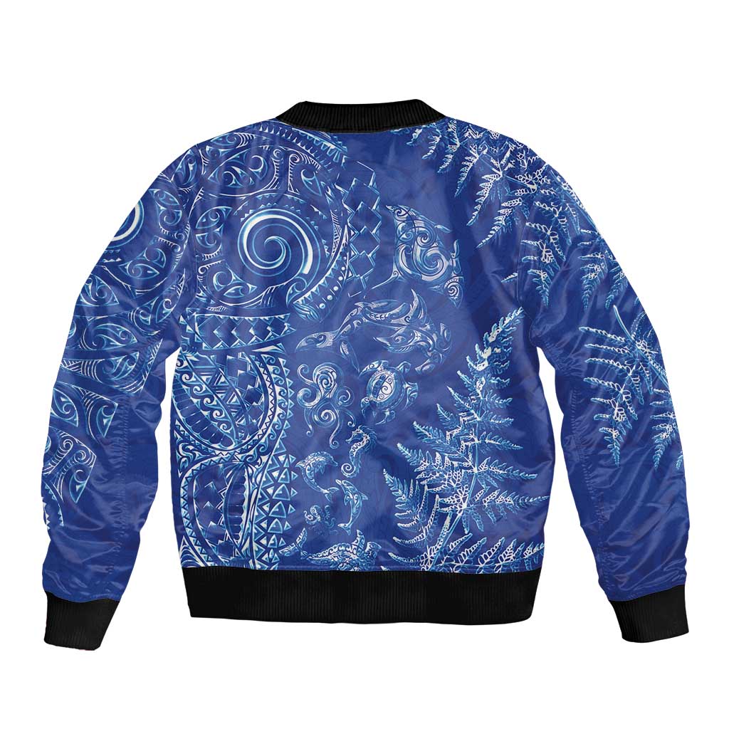 New Zealand Sea Animals Sleeve Zip Bomber Jacket with Maori Koru Tribal Tattoo and Silver Ferns Aquatic Style LT03 - Polynesian Pride