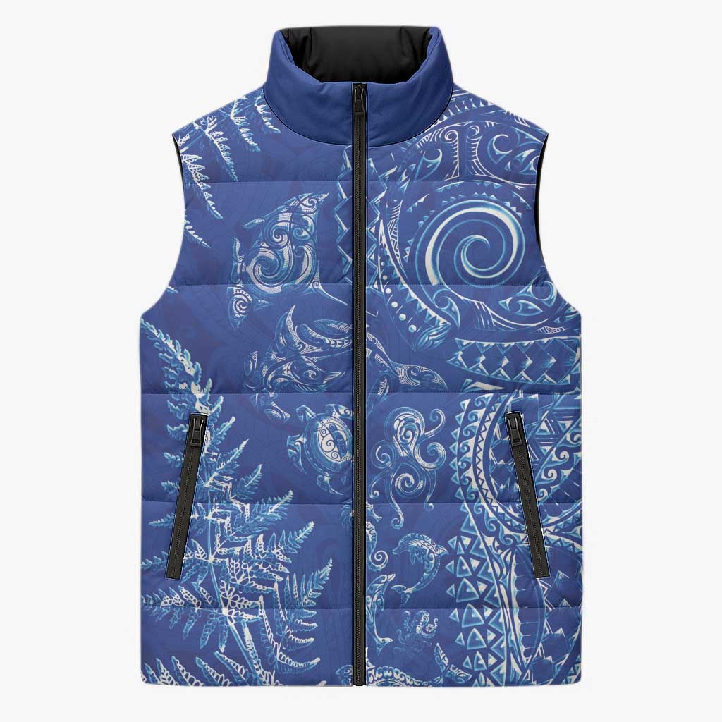 New Zealand Sea Animals Sleeveless Puffer Jacket with Maori Koru Tribal Tattoo and Silver Ferns Aquatic Style