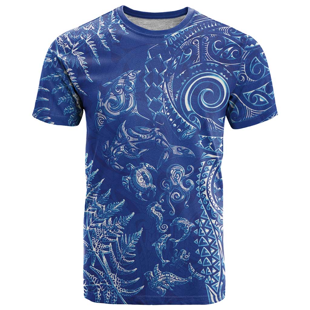 New Zealand Sea Animals T Shirt with Maori Koru Tribal Tattoo and Silver Ferns Aquatic Style LT03 Navy - Polynesian Pride