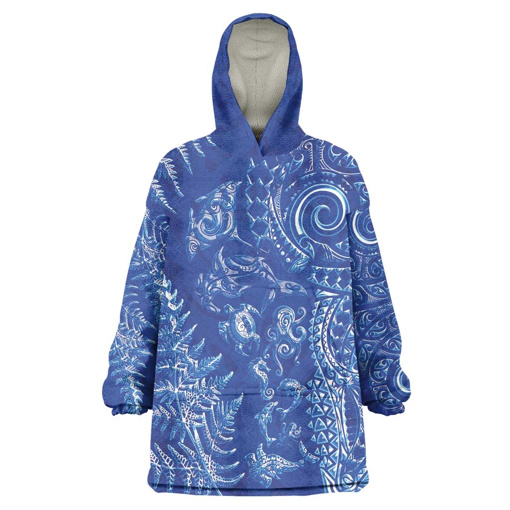 New Zealand Sea Animals Wearable Blanket Hoodie with Maori Koru Tribal Tattoo and Silver Ferns Aquatic Style