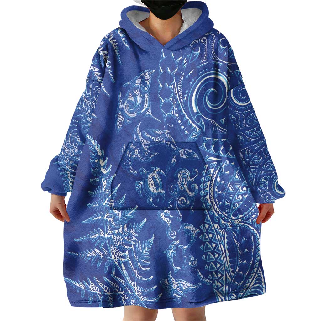 New Zealand Sea Animals Wearable Blanket Hoodie with Maori Koru Tribal Tattoo and Silver Ferns Aquatic Style LT03 - Polynesian Pride