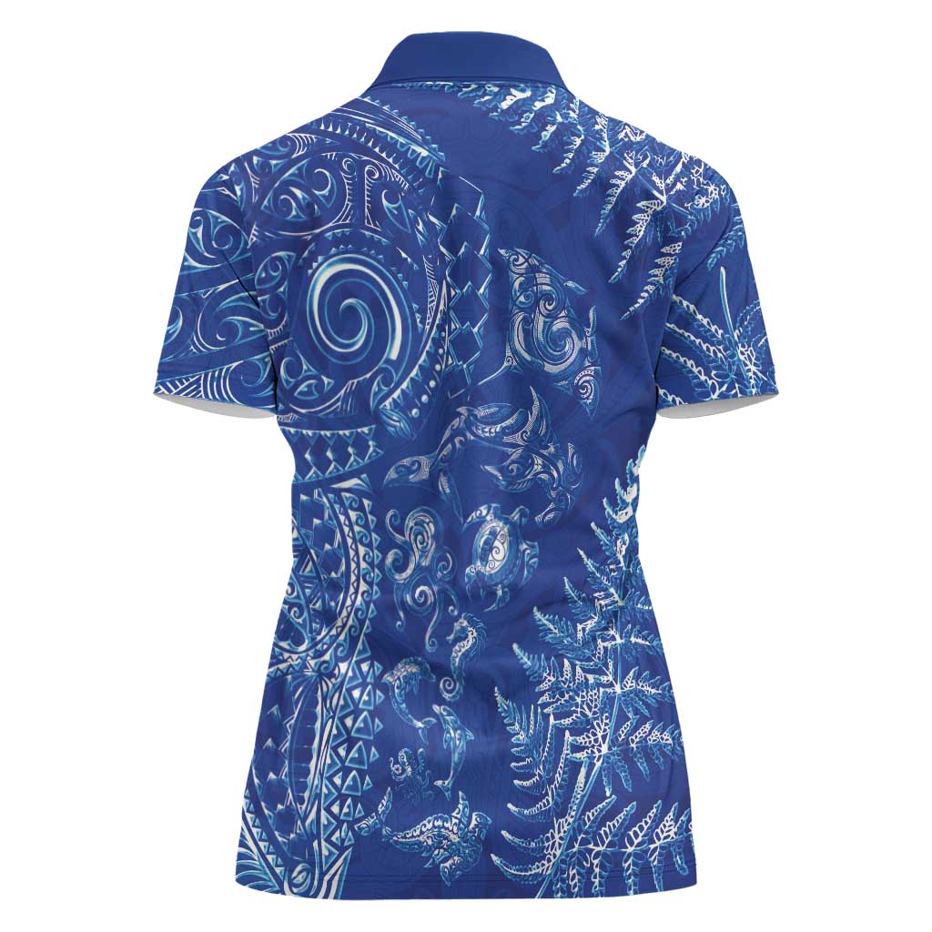 New Zealand Sea Animals Women Polo Shirt with Maori Koru Tribal Tattoo and Silver Ferns Aquatic Style LT03 - Polynesian Pride