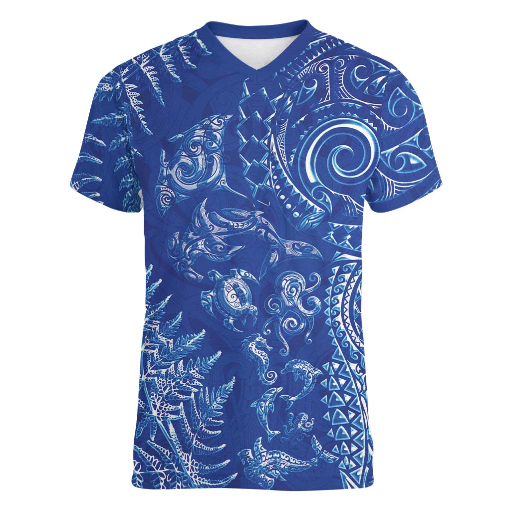 New Zealand Sea Animals Women V-Neck T-Shirt with Maori Koru Tribal Tattoo and Silver Ferns Aquatic Style