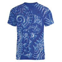 New Zealand Sea Animals Women V-Neck T-Shirt with Maori Koru Tribal Tattoo and Silver Ferns Aquatic Style LT03 - Polynesian Pride