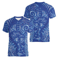 New Zealand Sea Animals Women V-Neck T-Shirt with Maori Koru Tribal Tattoo and Silver Ferns Aquatic Style LT03 - Polynesian Pride