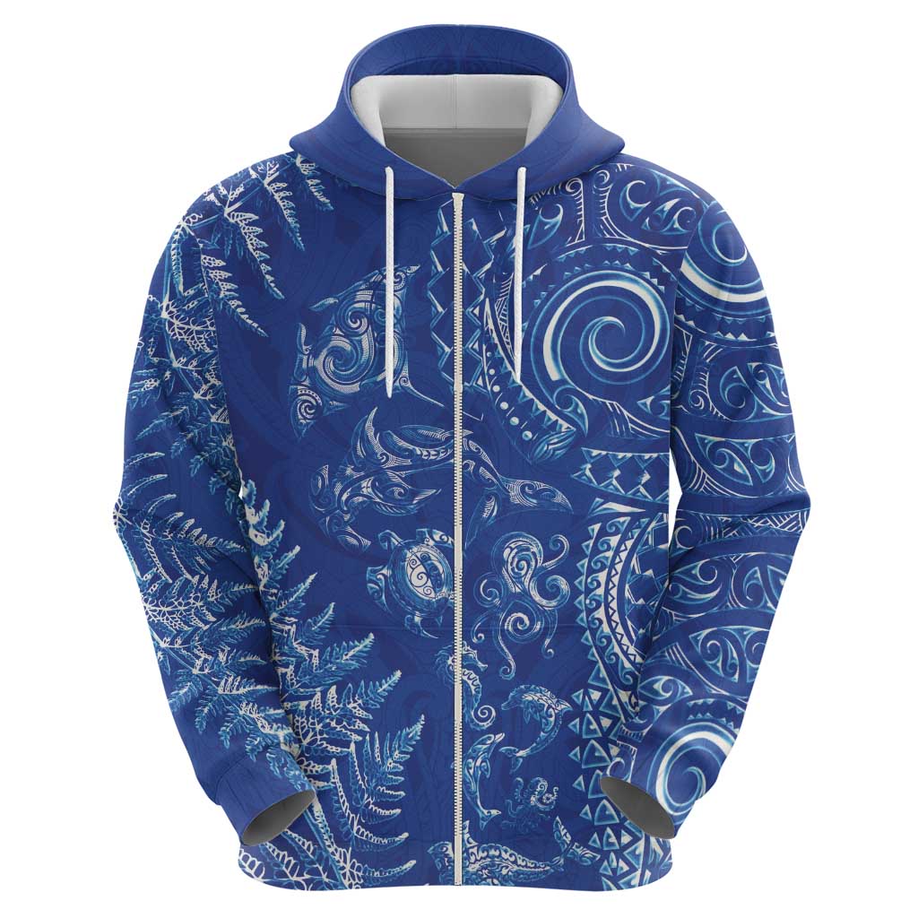 New Zealand Sea Animals Zip Hoodie with Maori Koru Tribal Tattoo and Silver Ferns Aquatic Style LT03 - Polynesian Pride